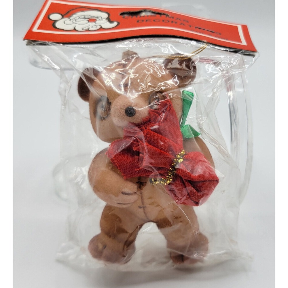 Vintage Flocked Orange Brown Bear Ornament Red Gift Bag Holiday Home Decor 4"